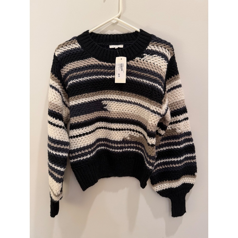 Z Supply Womens Striped Chunky Knit Sweater Black Cream Small